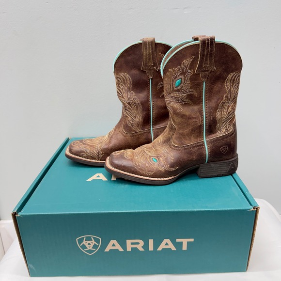 Ariat Other - Ariat Bright Eyes II Brown Turquoise Leather Cowboy Boots Youth 2 Square Toe